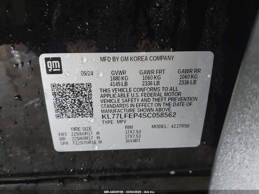 2025 Chevrolet Trax VIN KL77LFEP4SC058562 IAAI salvage auction — REAR END, Clear (Missouri), sold $5,900 on 2026-07-14 (photo 9)