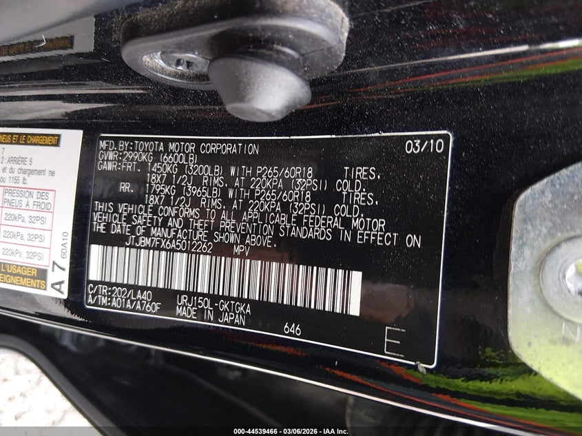 2010 Lexus Gx 460 VIN JTJBM7FX6A5012262 IAAI salvage auction — FRONT & REAR, Clear (Oklahoma), sold $6,300 on 2026-07-21 (photo 9)
