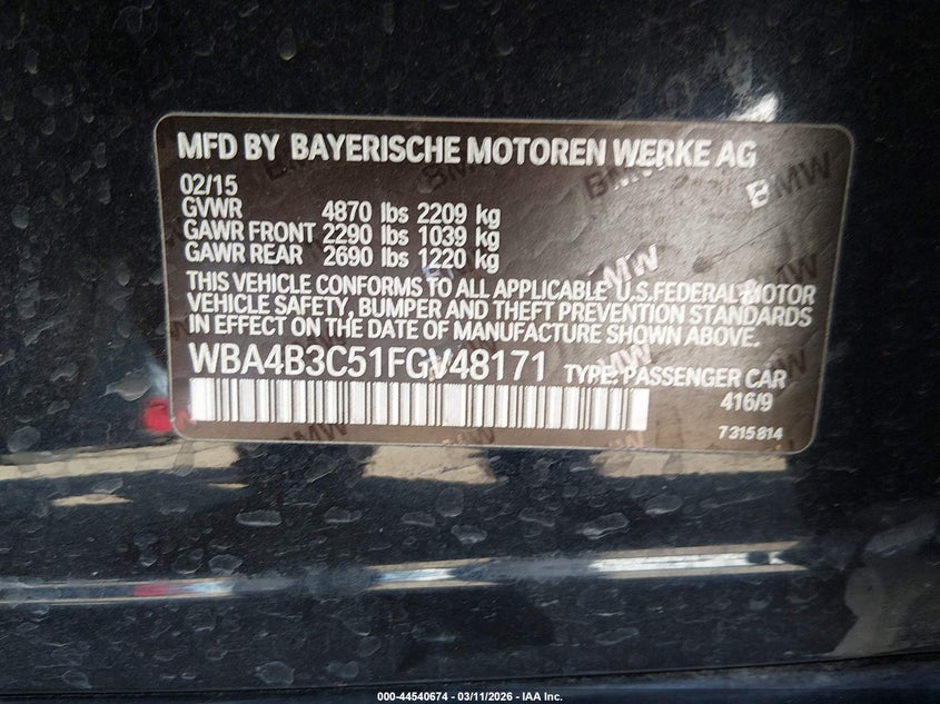 2015 BMW 4er VIN WBA4B3C51FGV48171 IAAI salvage auction — FRONT END, Salvage Title, sold $1,200 on 2026-07-27 (photo 9)