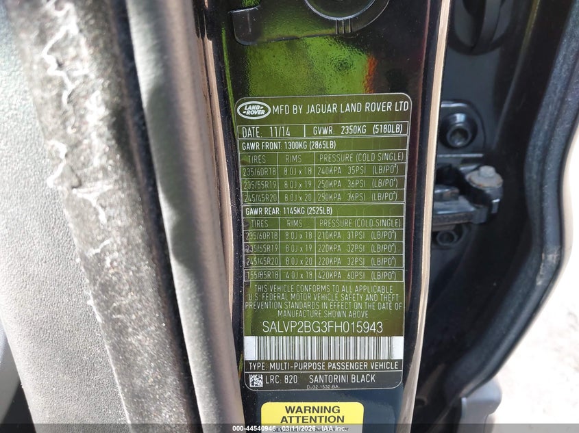 2015 Land rover Range rover evoque VIN SALVP2BG3FH015943 IAAI salvage auction — LEFT SIDE, Clear (Massachusetts), sold $1,000 on 2026-07-28 (photo 9)