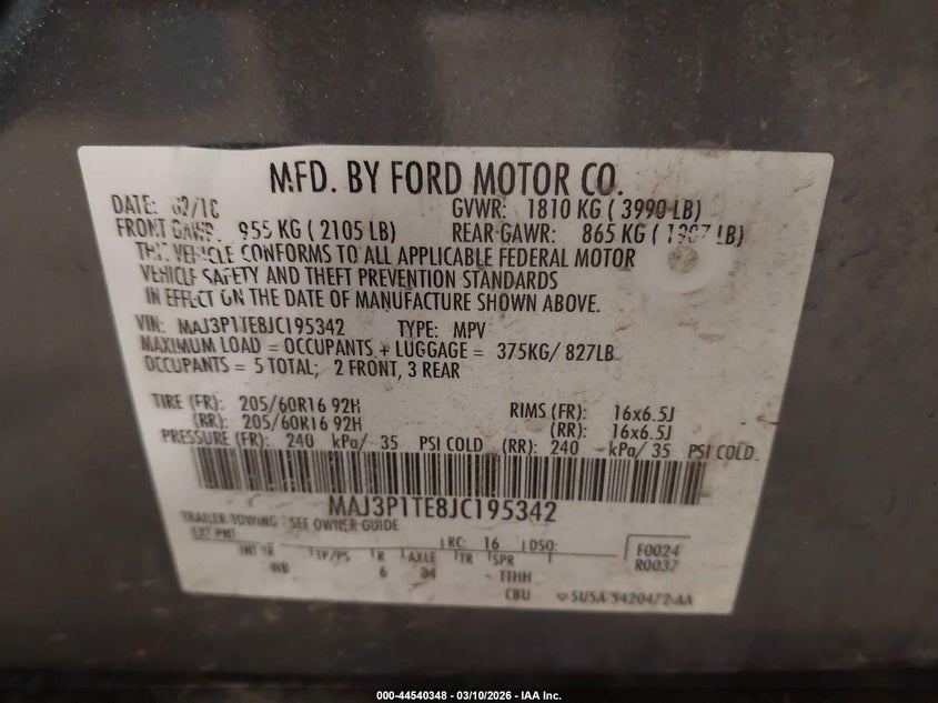 2018 Ford Ecosport VIN MAJ3P1TE8JC195342 IAAI salvage auction — FRONT END, Regular (South Dakota), sold $1,525 on 2026-07-07 (photo 9)