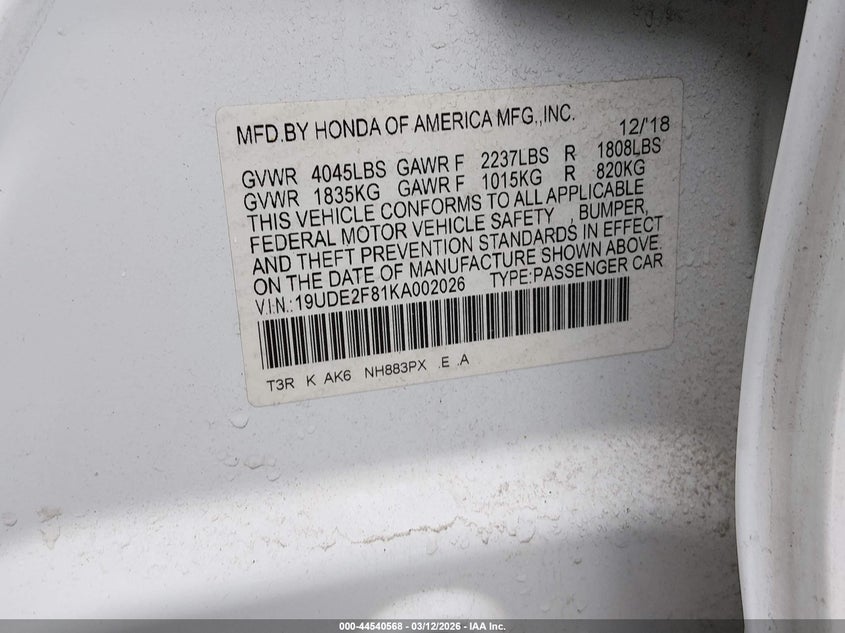 2019 Acura Ilx VIN 19UDE2F81KA002026 IAAI salvage auction — REAR END, Salvage (Massachusetts), sold $4,000 on 2026-08-01 (photo 9)