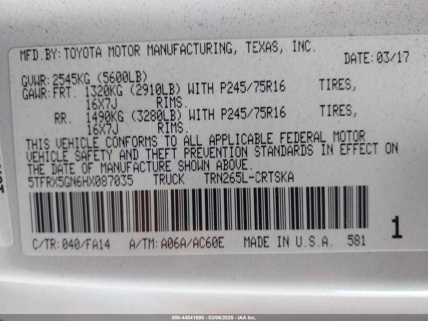 2017 Toyota Tacoma VIN 5TFRX5GN6HX087035 IAAI salvage auction — FRONT END, Salvage Title, sold $5,200 on 2026-07-26 (photo 9)