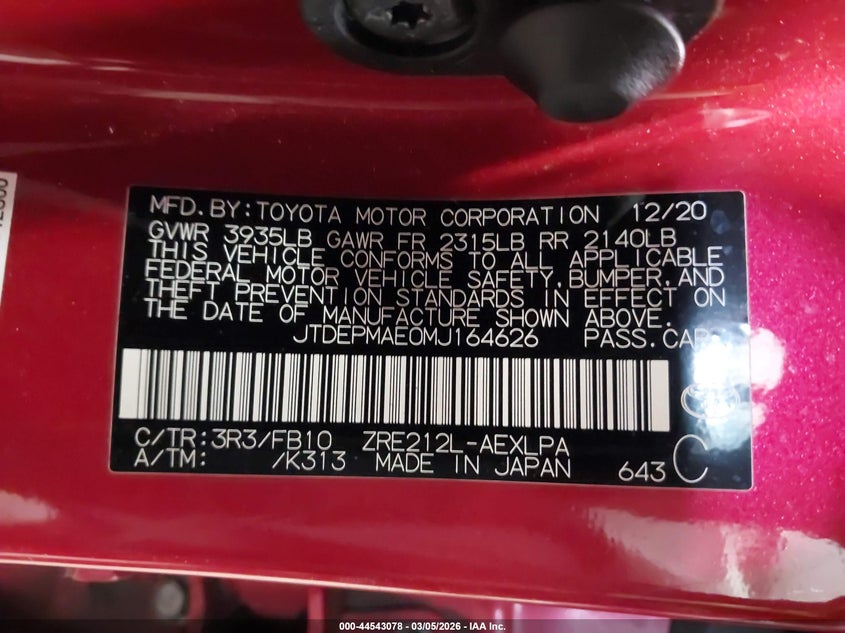 2021 Toyota Corolla VIN JTDEPMAE0MJ164626 IAAI salvage auction — FRONT END, Salvage Title, sold $3,075 on 2026-07-08 (photo 9)