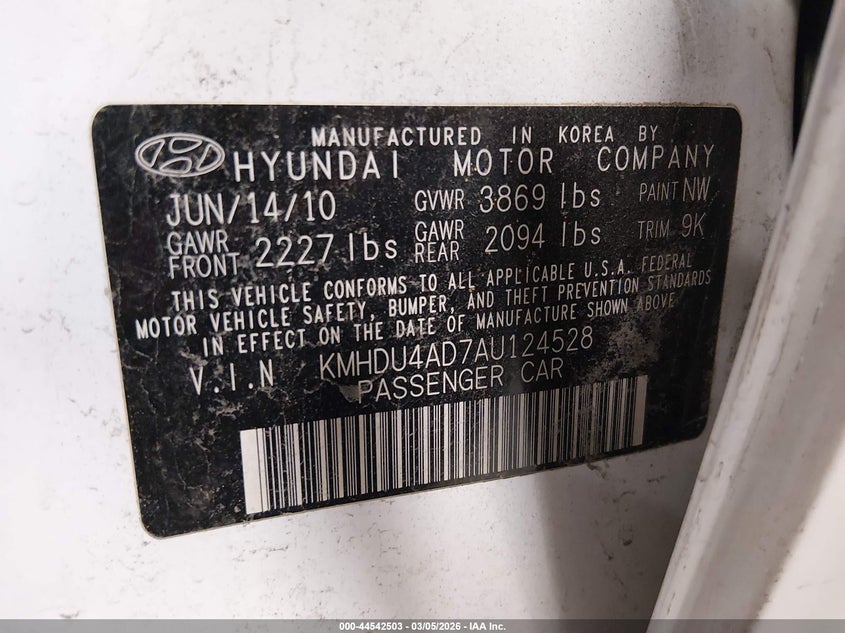 2010 Hyundai Elantra VIN KMHDU4AD7AU124528 IAAI salvage auction — LEFT SIDE, Bill Of Sale (Colorado), sold $325 on 2026-07-22 (photo 9)