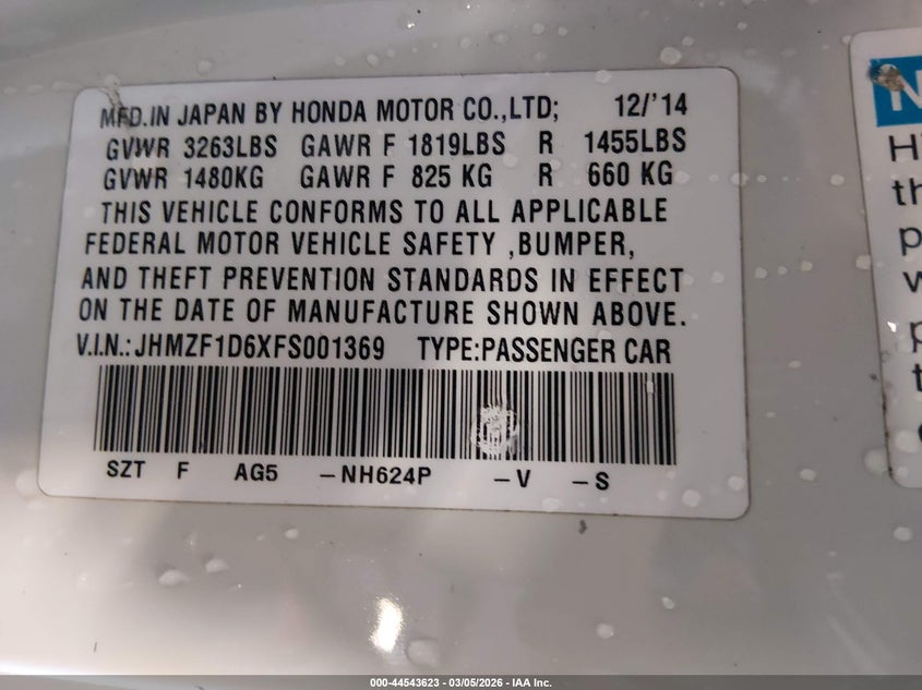 2015 Honda Cr-z VIN JHMZF1D6XFS001369 IAAI salvage auction — FRONT END, Salvage Title, sold $475 on 2026-07-20 (photo 9)