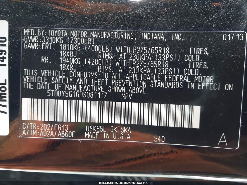 2013 Toyota Sequoia VIN 5TDBY5G16DS081117 IAAI salvage auction — FRONT END, Salvage Title, sold $2,250 on 2026-07-31 (photo 9)