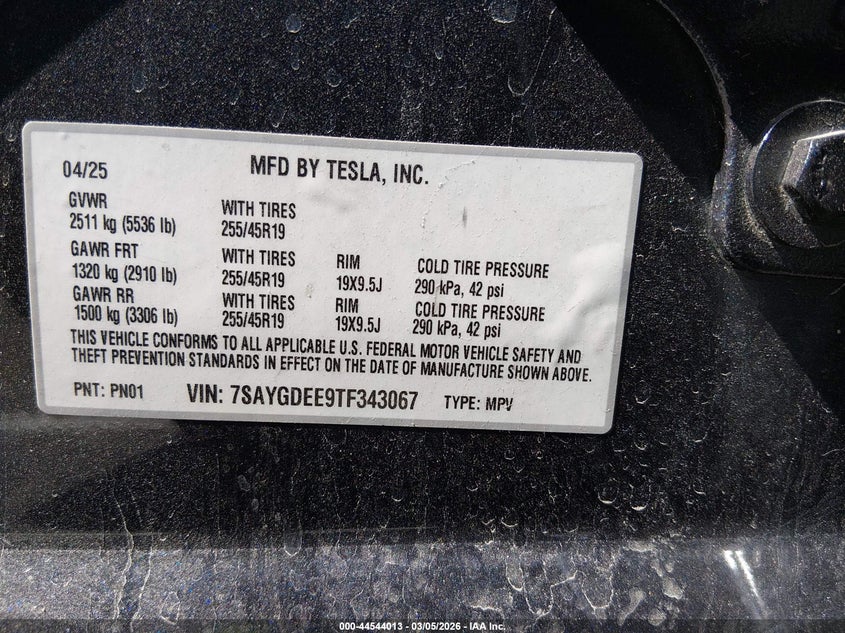 2026 Tesla Model y VIN 7SAYGDEE9TF343067 IAAI salvage auction — Front End, Salvage (Nevada), sold $9,800 on 2026-05-08 (photo 9)