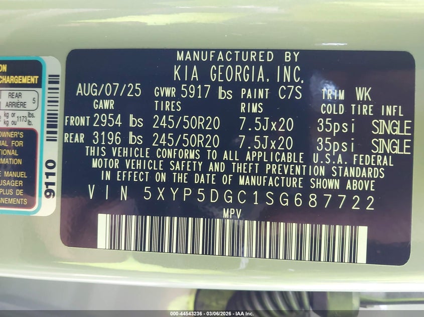 2025 Kia Telluride VIN 5XYP5DGC1SG687722 IAAI salvage auction — FRONT END, Wait Title, sold $12,100 on 2026-07-29 (photo 9)