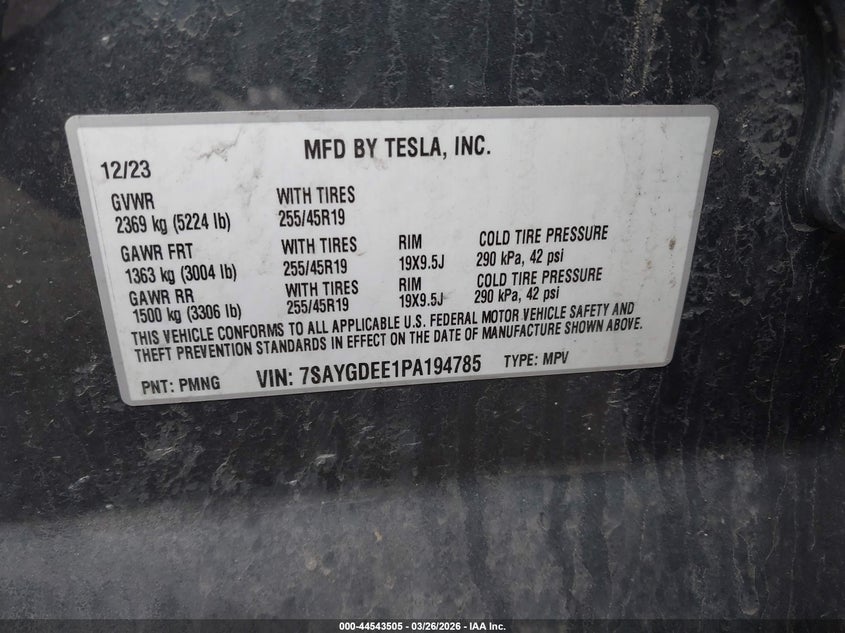2023 Tesla Model y VIN 7SAYGDEE1PA194785 IAAI salvage auction — LEFT FRONT, Salvage Title, sold $6,150 on 2026-07-23 (photo 9)