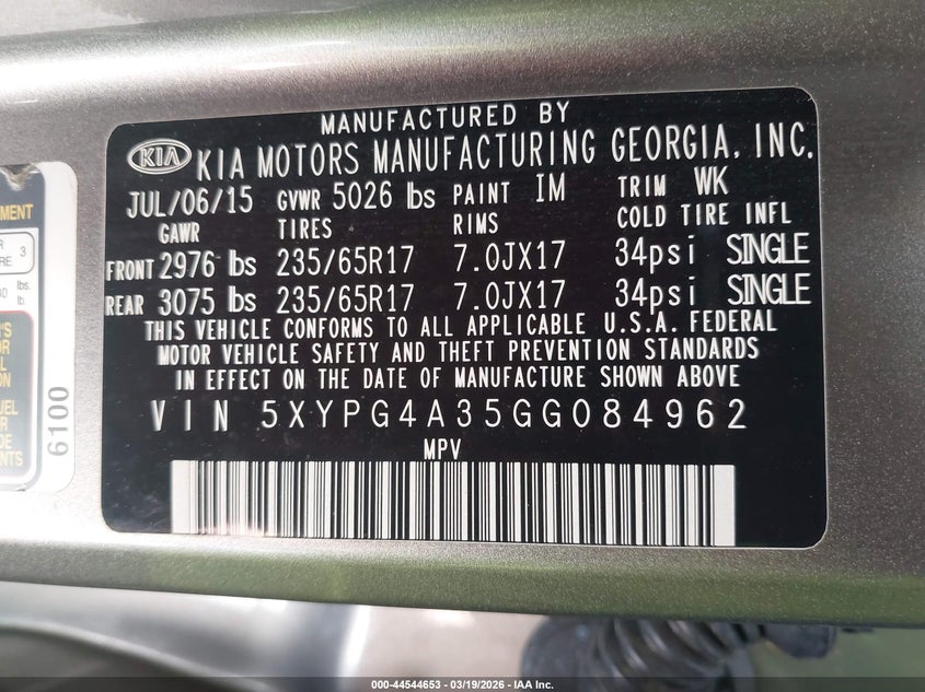 2016 Kia Sorento VIN 5XYPG4A35GG084962 IAAI salvage auction — RIGHT FRONT, Salvage Title, sold $1,300 on 2026-07-13 (photo 9)