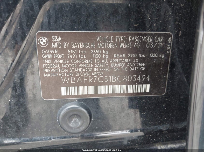 2011 BMW 5er VIN WBAFR7C51BC803494 IAAI salvage auction — LEFT SIDE, Rebuildable (Florida), sold $775 on 2026-07-22 (photo 9)