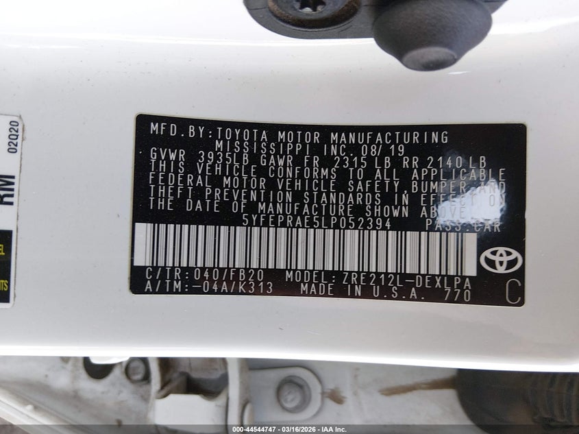 2020 Toyota Corolla VIN 5YFEPRAE5LP052394 IAAI salvage auction — RIGHT FRONT, Salvage Title, sold $4,250 on 2026-07-20 (photo 9)