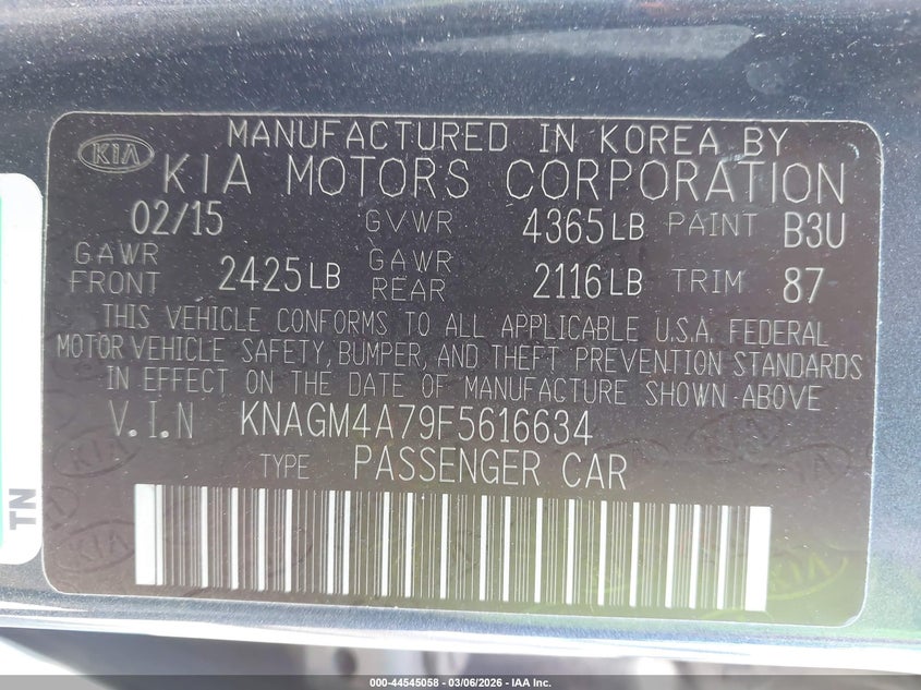 2015 Kia Optima VIN KNAGM4A79F5616634 IAAI salvage auction — FRONT END, Salvage (California), sold $975 on 2026-07-15 (photo 9)