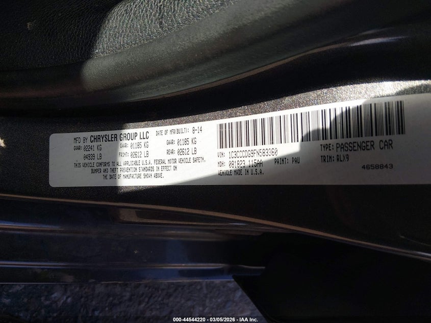 2015 Chrysler 200 VIN 1C3CCCDG9FN583360 IAAI salvage auction — FRONT END, Salvage Title, sold $800 on 2026-10-20 (photo 9)