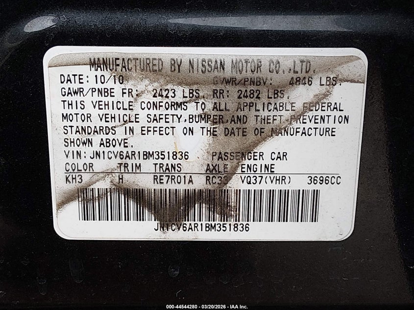 2011 Infiniti G VIN JN1CV6AR1BM351836 IAAI salvage auction — LEFT SIDE, Salvage (Idaho), sold $275 on 2026-07-08 (photo 9)