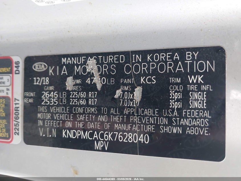 2019 Kia Sportage VIN KNDPMCAC6K7628040 IAAI salvage auction — FRONT & REAR, Salvage (Indiana), sold $2,650 on 2026-07-08 (photo 9)