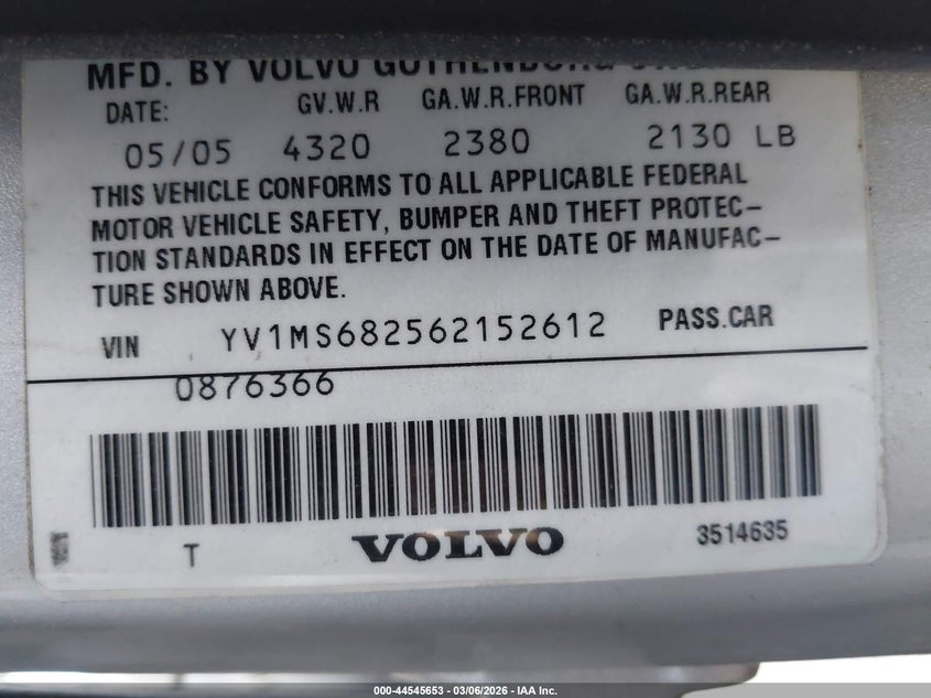 2006 Volvo S40 VIN YV1MS682562152612 IAAI salvage auction — FRONT END, Clear (Wyoming), sold $175 on 2026-07-08 (photo 9)