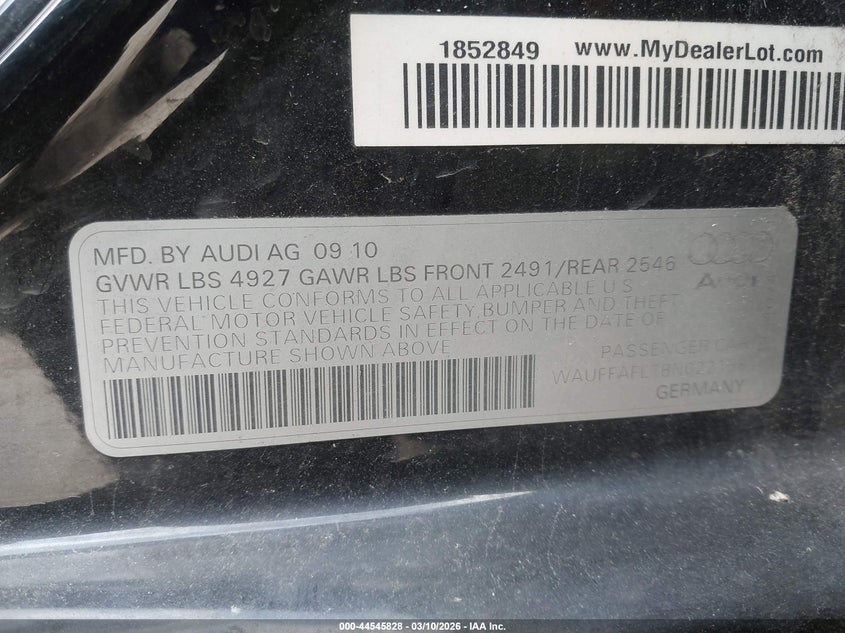 2011 Audi A4 VIN WAUFFAFL7BN022158 IAAI salvage auction — BIO HAZARD, Salvage (California), sold $250 on 2026-07-22 (photo 9)