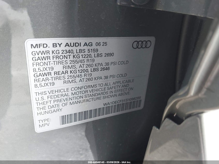 2025 Audi Q3 VIN WA1DECF31S1098288 IAAI salvage auction — LEFT FRONT, Salvage Title, sold $12,900 on 2026-07-30 (photo 9)