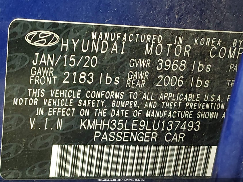 2020 Hyundai Elantra VIN KMHH35LE9LU137493 IAAI salvage auction — FRONT END, Clear (Oklahoma), sold $2,450 on 2026-07-28 (photo 9)