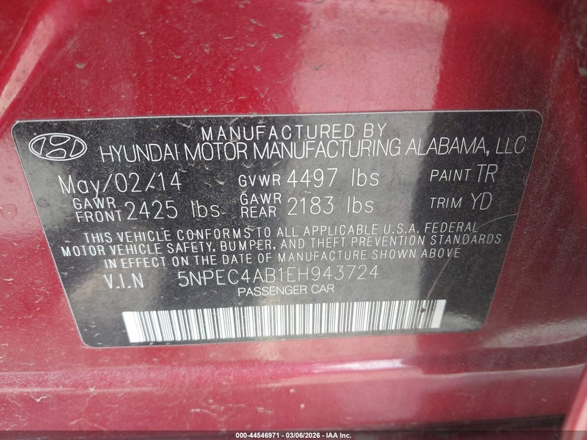 2014 Hyundai Sonata VIN 5NPEC4AB1EH943724 IAAI salvage auction — FRONT END, Salvage Title, sold $575 on 2026-07-14 (photo 9)