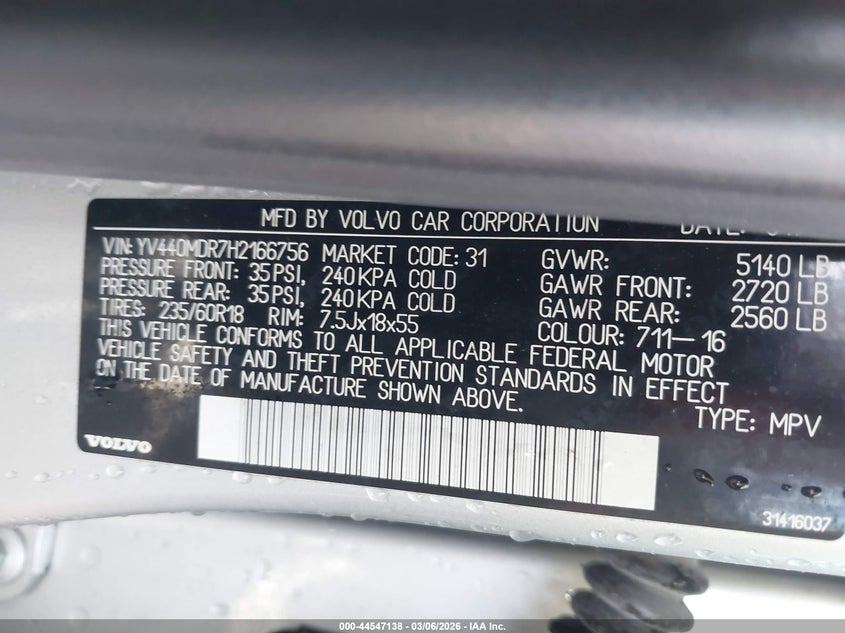 2017 Volvo Xc60 VIN YV440MDR7H2166756 IAAI salvage auction — LEFT FRONT, Salvage Title, sold $4,200 on 2026-07-24 (photo 9)