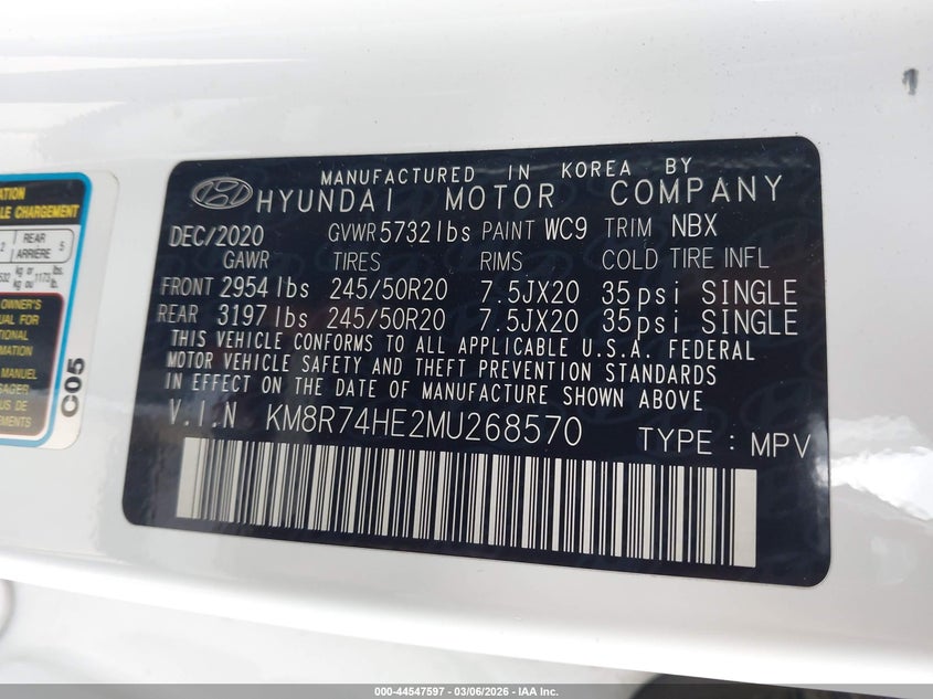 2021 Hyundai Palisade VIN KM8R74HE2MU268570 IAAI salvage auction — FRONT END, Salvage Title, sold $2,000 on 2026-07-29 (photo 9)