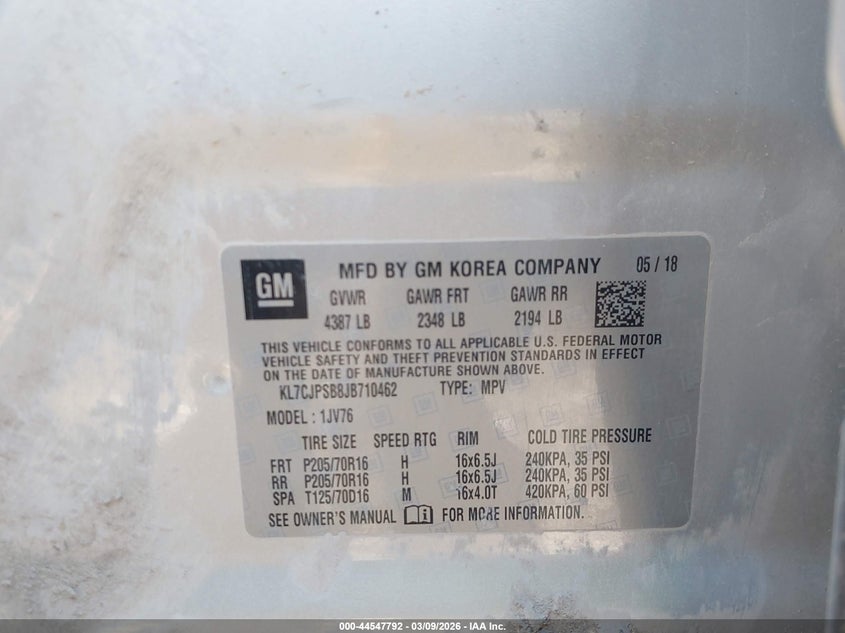 2018 Chevrolet Trax VIN KL7CJPSB8JB710462 IAAI salvage auction — FRONT END, Clear (Indiana), sold $1,100 on 2026-07-22 (photo 9)