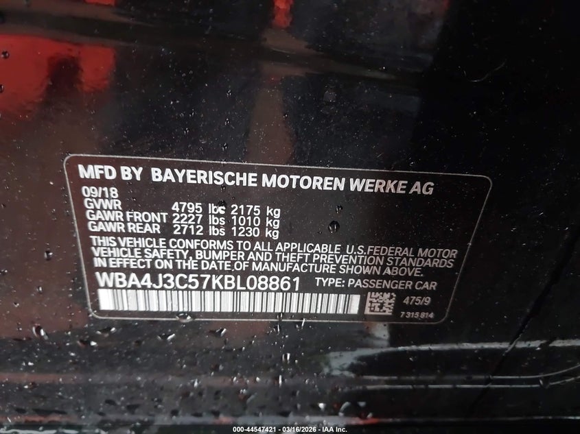 2019 BMW 4er VIN WBA4J3C57KBL08861 IAAI salvage auction — UNDERCARRIAGE, Salvage Title, sold $9,550 on 2026-07-17 (photo 9)