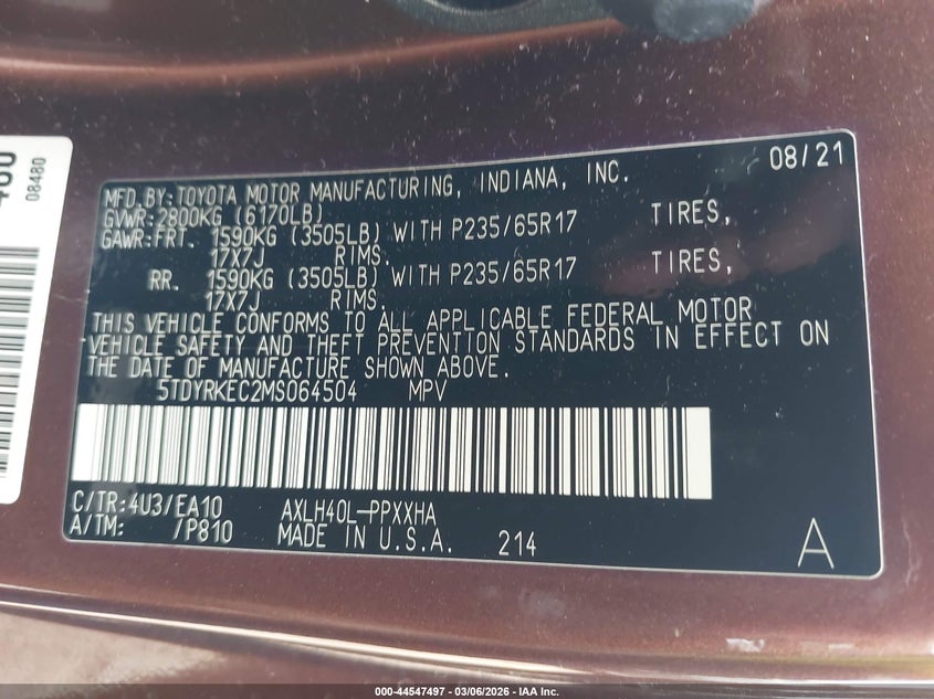 2021 Toyota Sienna VIN 5TDYRKEC2MS064504 IAAI salvage auction — RIGHT FRONT, Original (Texas), sold $13,100 on 2026-07-09 (photo 9)