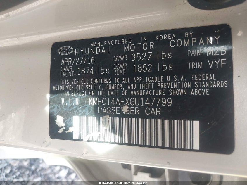 2016 Hyundai Accent VIN KMHCT4AEXGU147799 IAAI salvage auction — REAR END, Wait Title, sold $275 on 2026-07-31 (photo 9)
