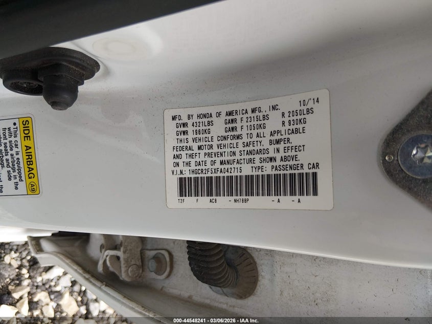 2015 Honda Accord VIN 1HGCR2F5XFA042715 IAAI salvage auction — FRONT END, Salvage Title, sold $2,500 on 2026-07-19 (photo 9)