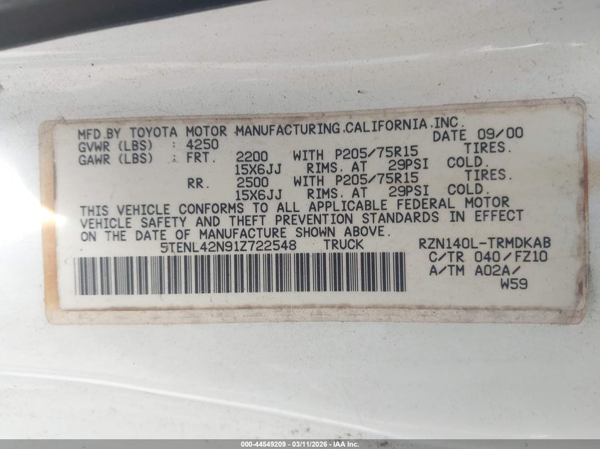 2001 Toyota Tacoma VIN 5TENL42N91Z722548 IAAI salvage auction — REAR END, Salvage (Georgia), sold $1,800 on 2026-07-31 (photo 9)