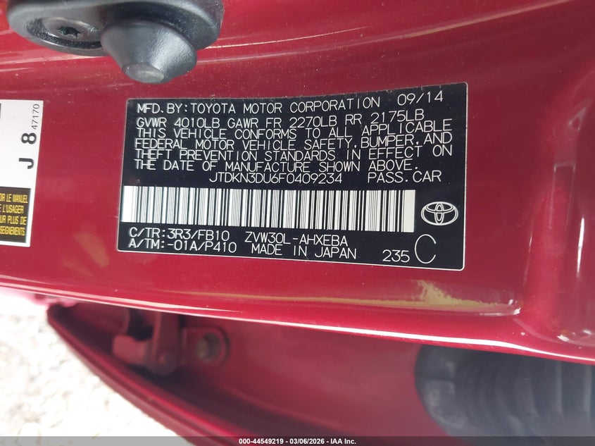 2015 Toyota Prius VIN JTDKN3DU6F0409234 IAAI salvage auction — RIGHT SIDE, Salvage Title, sold $2,650 on 2026-07-15 (photo 9)
