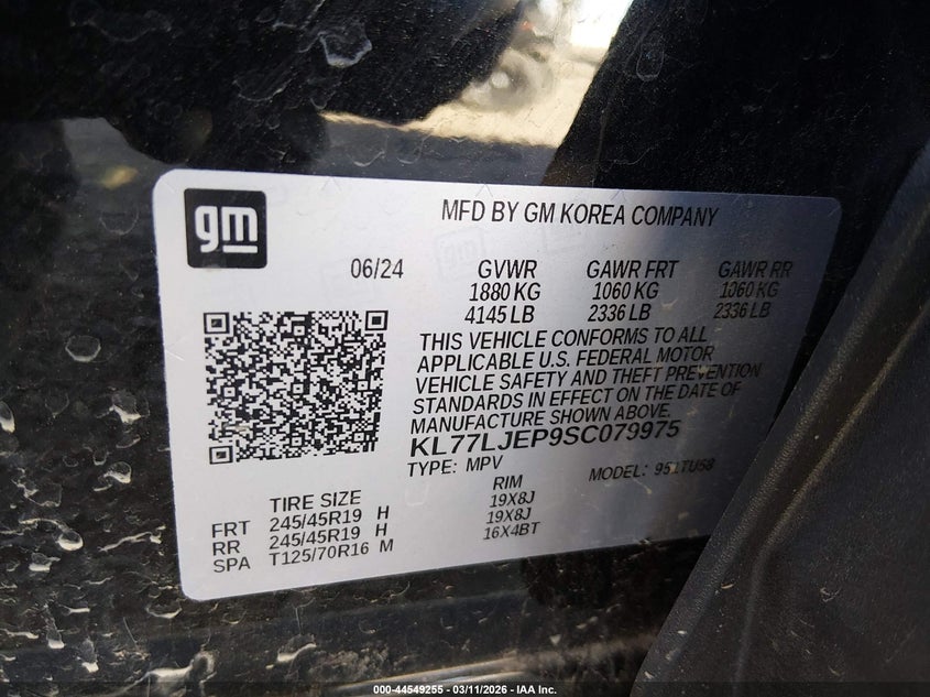 2025 Chevrolet Trax VIN KL77LJEP9SC079975 IAAI salvage auction — BIOHAZARD/CHEMICAL, Salvage Title, sold $3,600 on 2026-07-20 (photo 9)