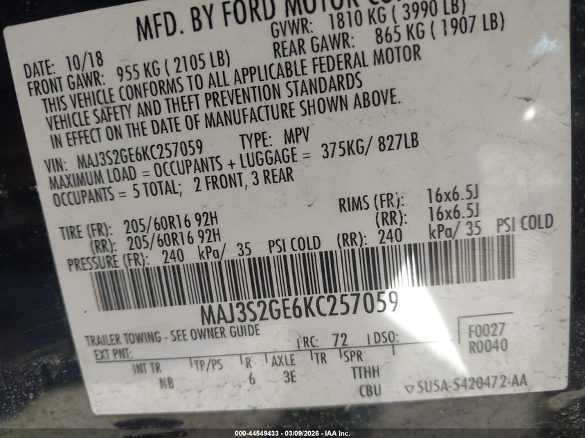 2019 Ford Ecosport VIN MAJ3S2GE6KC257059 IAAI salvage auction — FRONT END, Salvage Title, sold $725 on 2026-07-14 (photo 9)