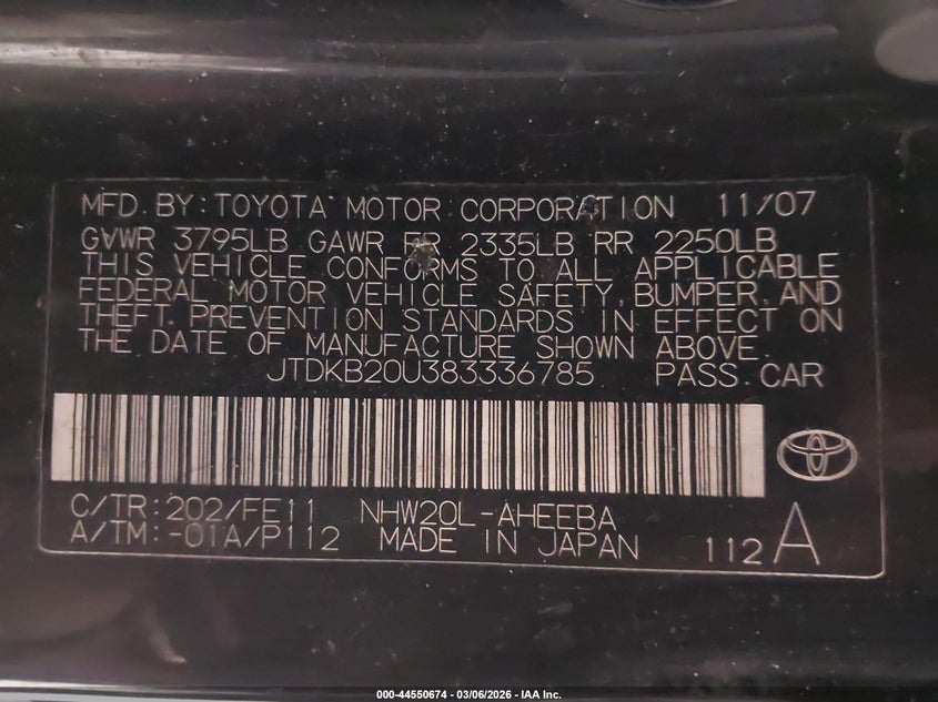 2008 Toyota Prius VIN JTDKB20U383336785 IAAI salvage auction — REAR END, Salvage (New Jersey), sold $425 on 2026-07-14 (photo 9)
