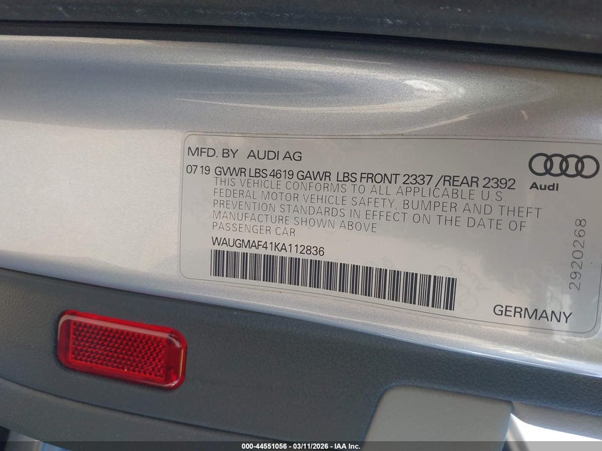 2019 Audi A4 VIN WAUGMAF41KA112836 IAAI salvage auction — LEFT FRONT, Salvage (California), sold $5,800 on 2026-07-28 (photo 9)