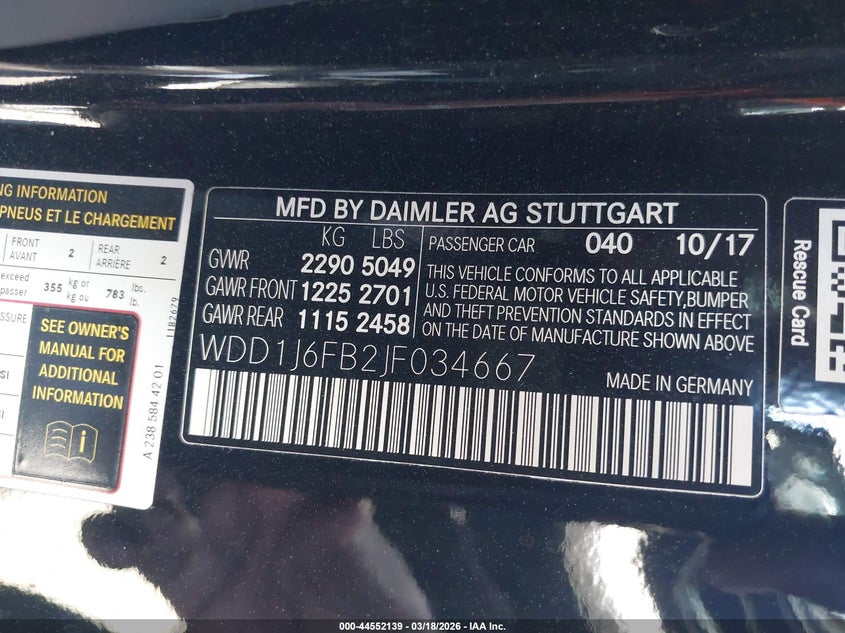 2018 Mercedes-benz E-klasse VIN WDD1J6FB2JF034667 IAAI salvage auction — LEFT FRONT, Salvage Title, sold $5,100 on 2026-07-24 (photo 9)