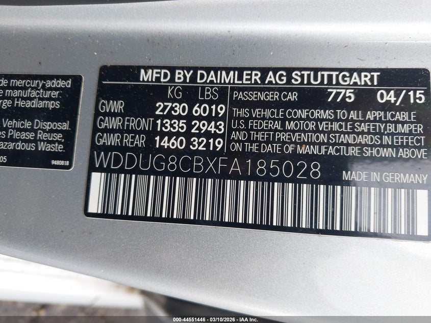 2015 Mercedes-benz S-klasse VIN WDDUG8CBXFA185028 IAAI salvage auction — THEFT, Salvage (South Carolina), sold $9,300 on 2026-07-08 (photo 9)