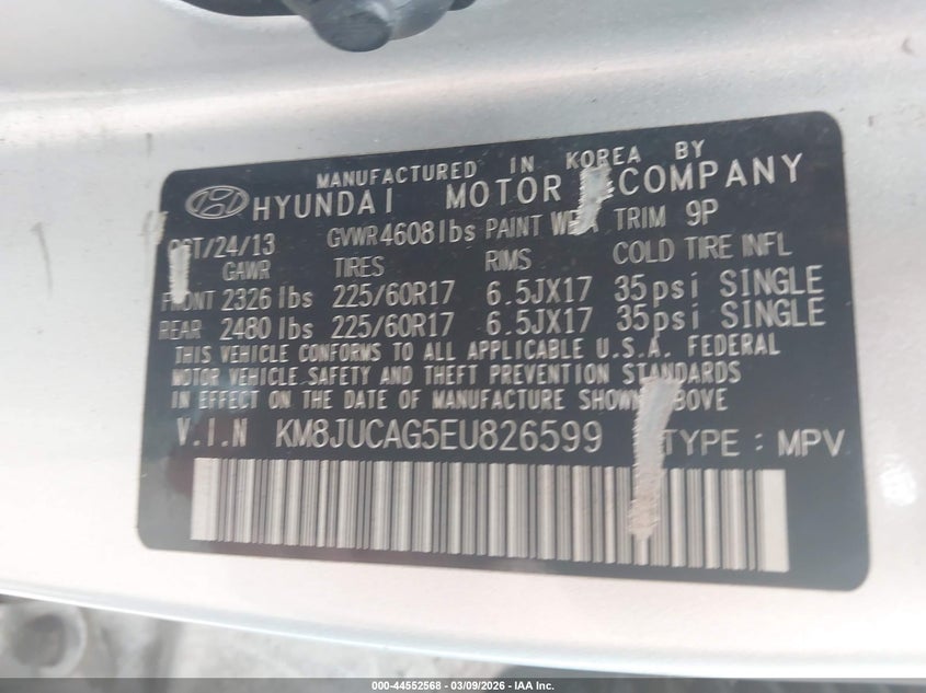 2014 Hyundai Tucson VIN KM8JUCAG5EU826599 IAAI salvage auction — RIGHT REAR, Original (Texas), sold $700 on 2026-07-29 (photo 9)