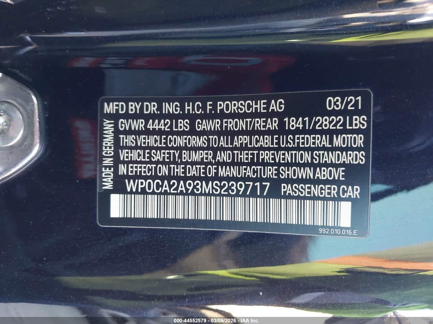 2021 Porsche 911 VIN WP0CA2A93MS239717 IAAI salvage auction — Front End, Salvage (California), sold $43,300 on 2026-04-15 (photo 9)