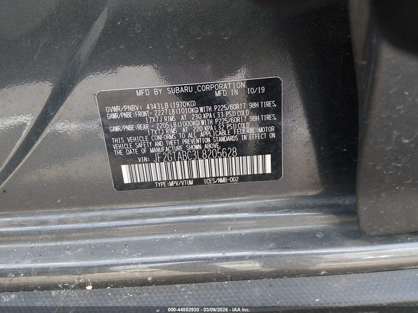 2020 Subaru Xv VIN JF2GTABC3L8205628 IAAI salvage auction — EXTERIOR BURN, Salvage Title, sold $150 on 2026-07-14 (photo 9)