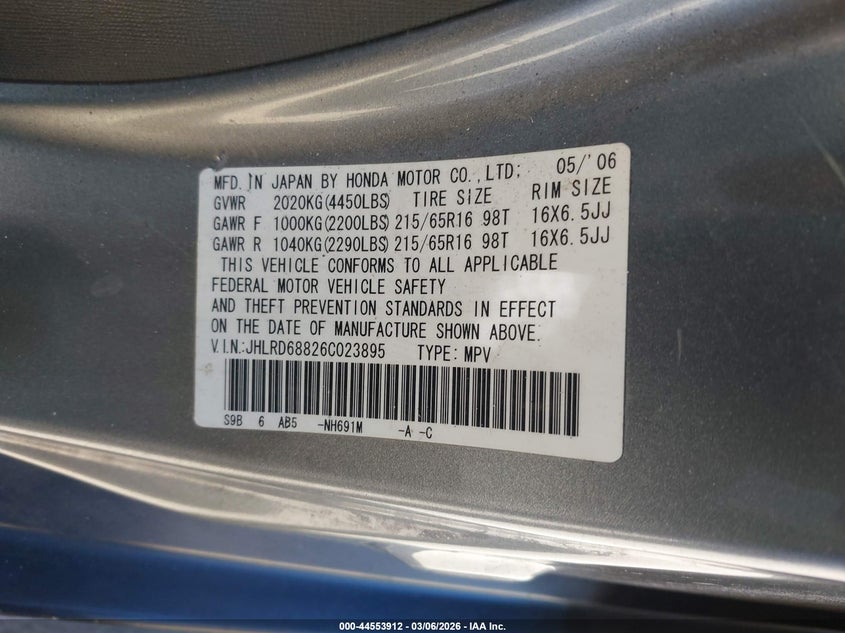 2006 Honda Cr-v VIN JHLRD68826C023895 IAAI salvage auction — RIGHT FRONT, Salvage (California), sold $400 on 2026-07-15 (photo 9)