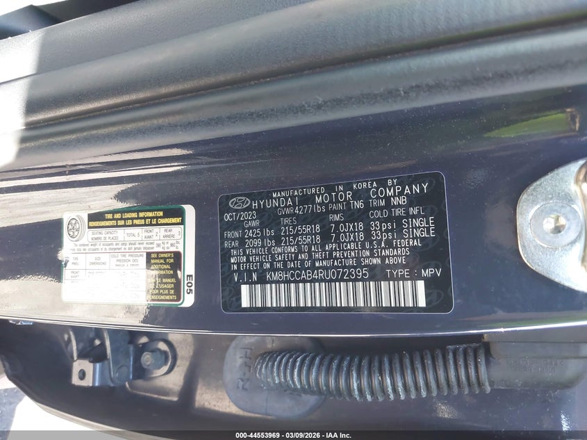 2024 Hyundai Kona VIN KM8HCCAB4RU072395 IAAI salvage auction — FRONT & REAR, Salvage Title, sold $1,050 on 2026-07-28 (photo 9)