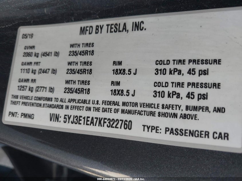 2019 Tesla Model 3 VIN 5YJ3E1EA7KF322760 IAAI salvage auction — LEFT FRONT, Salvage Title, sold $4,925 on 2026-07-23 (photo 9)