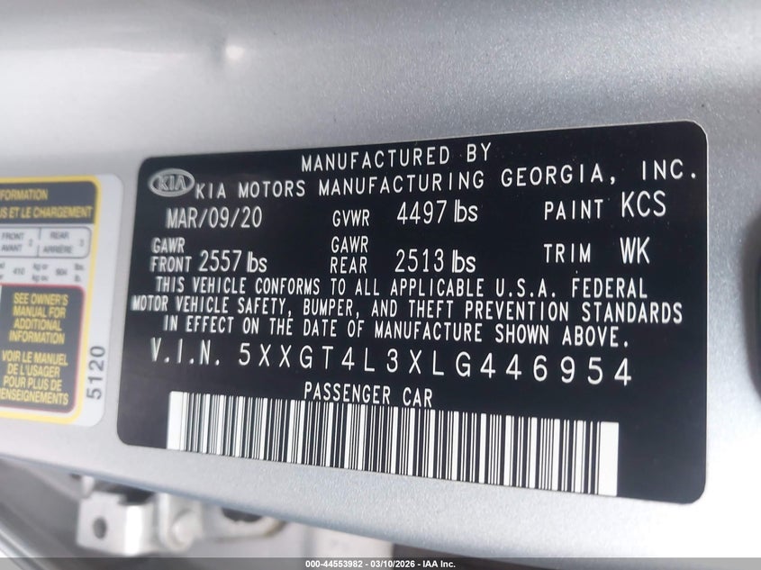 2020 Kia Optima VIN 5XXGT4L3XLG446954 IAAI salvage auction — LEFT & RIGHT, Salvage (Indiana), sold $25 on 2026-07-28 (photo 9)