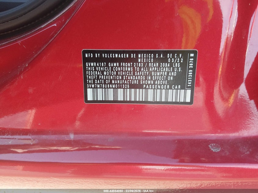 2022 Volkswagen Jetta VIN 3VW7M7BU8NM011325 IAAI salvage auction — LEFT FRONT, Salvage Title, sold $2,900 on 2026-08-11 (photo 9)