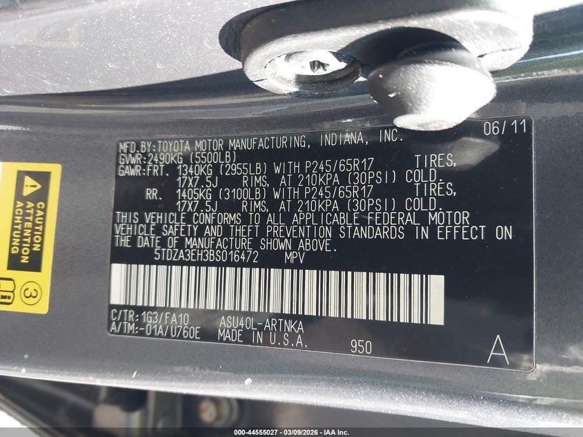 2011 Toyota Highlander VIN 5TDZA3EH3BS016472 IAAI salvage auction — UNKNOWN, Clear (Virginia), sold $5,850 on 2026-07-14 (photo 9)